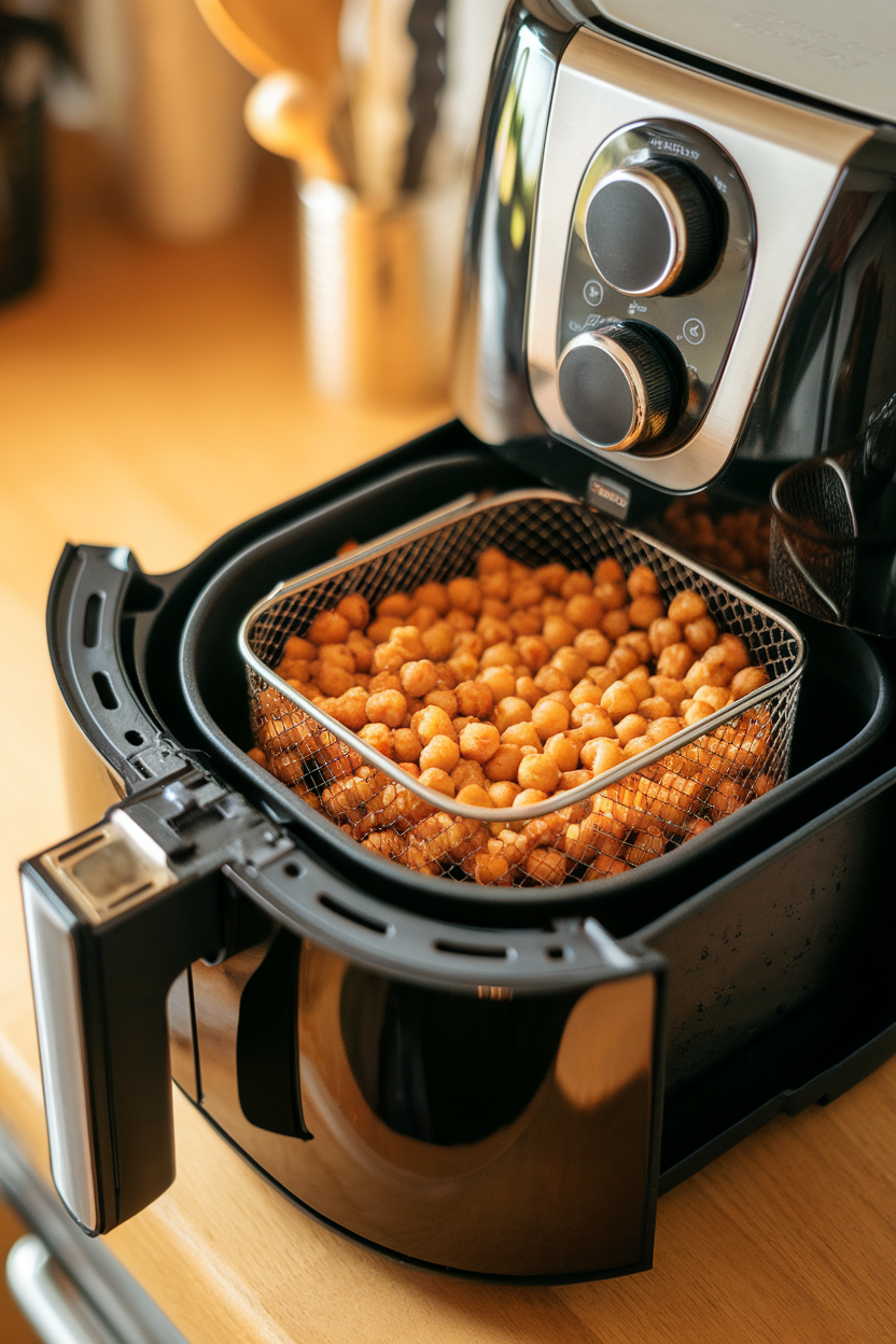 Indoor photo of an air fryer basket holding crispy chickpeas, appliance door open, no brand names.