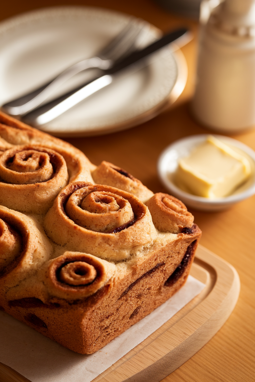 An indoor breakfast table showing a loaf of cinnamon raisin bread with spiraled swirls, accompanied by a small dish of butter. No text or logos. Photo only.