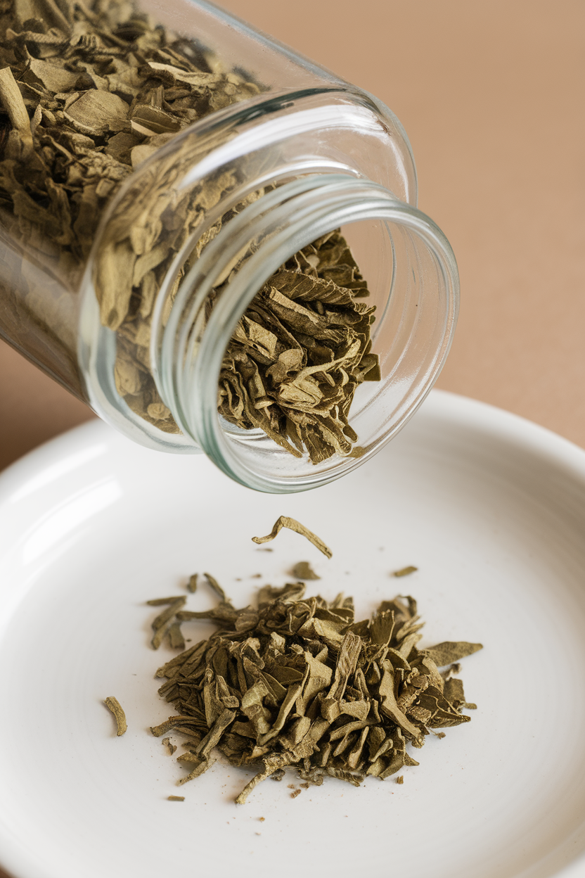 Indoor photo of dried basil in a glass spice jar tipped to show green flakes on a white plate; no text or logos