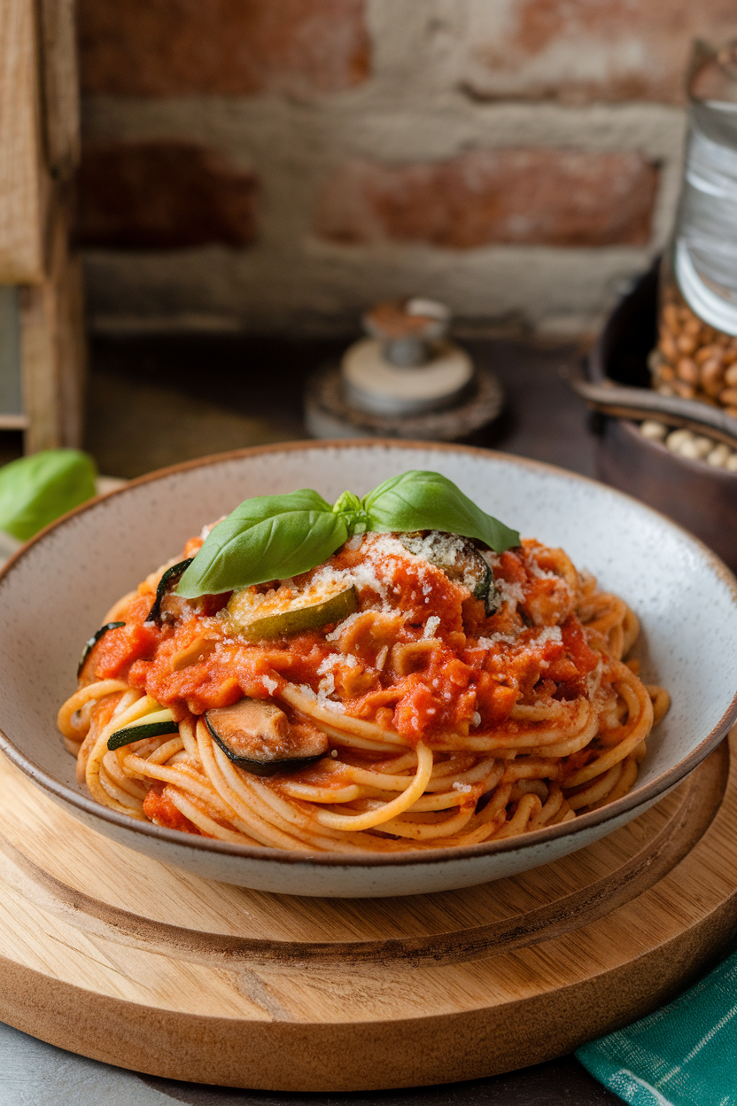 Indoor pasta bowl of whole-grain spaghetti tossed in chunky vegetable marinara with zucchini and mushrooms; no text or logos, photo style.