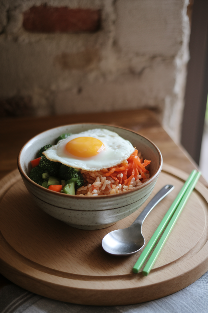 Indoor ceramic bowl filled with brown rice, sautéed mixed veggies, and a sunny-side fried egg on top. No text or logos visible.