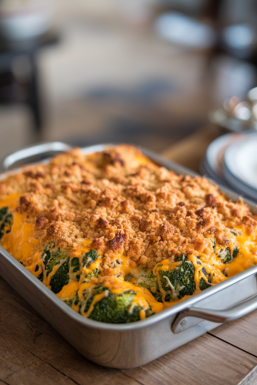 A baking dish of broccoli florets cloaked in melted cheddar, breadcrumb topping browned, set on an indoor table. No text or logos. Photo.