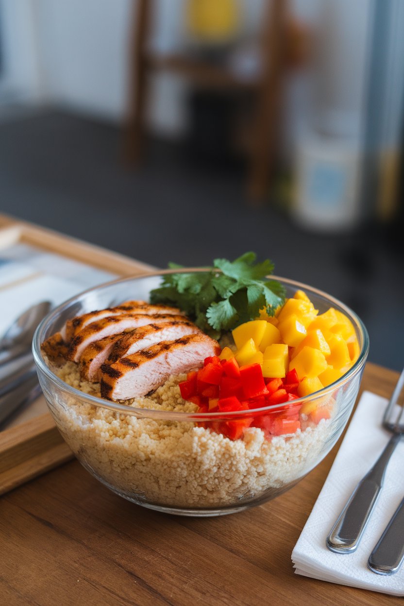A glass bowl indoors containing fluffy couscous, grilled chicken strips, diced mango, red bell pepper, and cilantro. No text or logos; photo only.