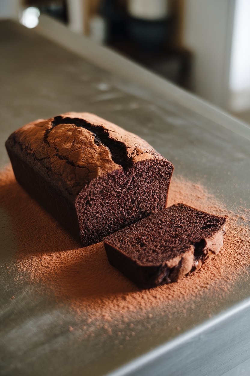 An indoor counter featuring a dark chocolate loaf, slice revealing moist interior, cocoa powder dusted lightly around. No text or logos. Photo only.