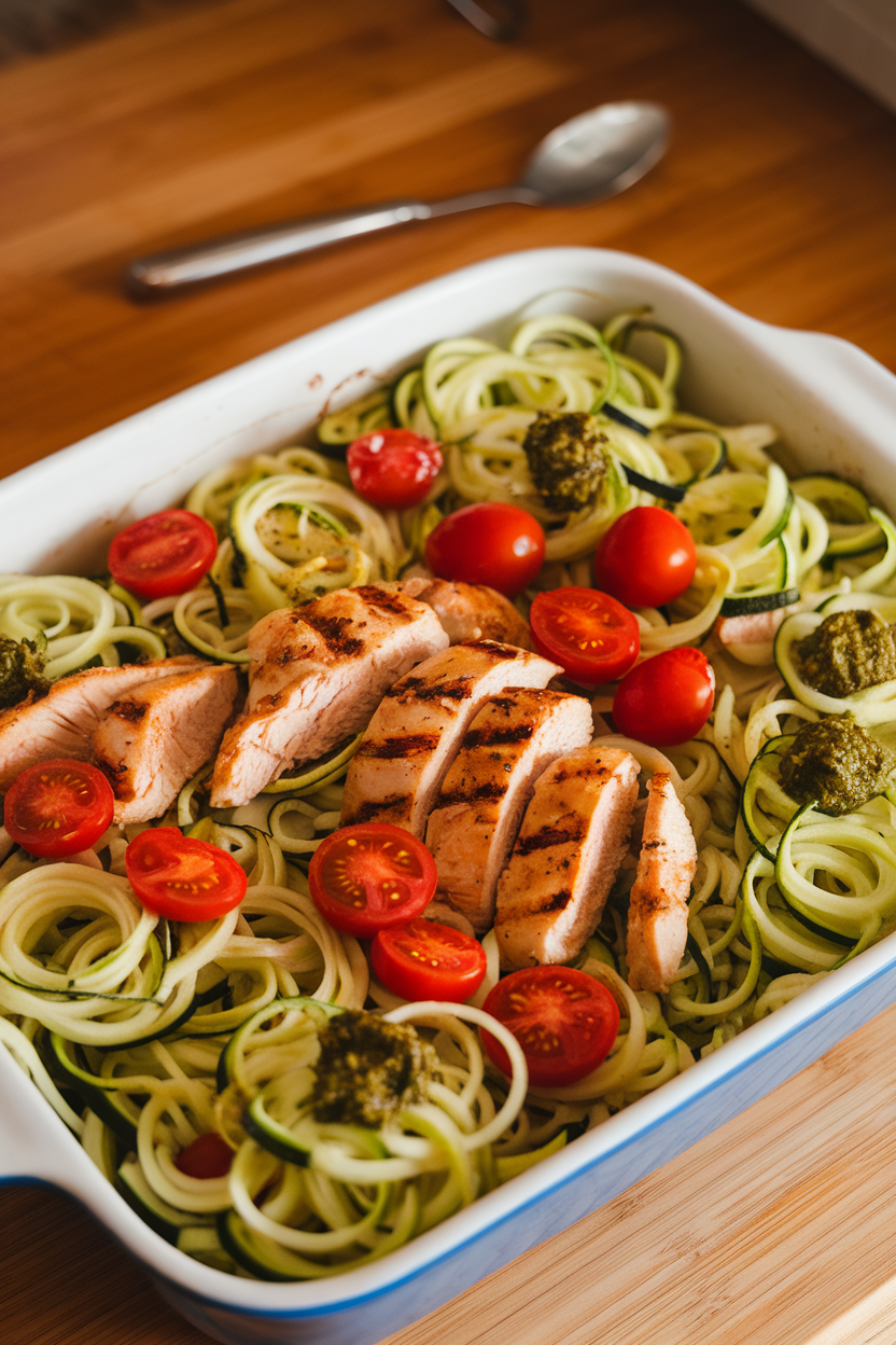 Indoor kitchen scene with a white casserole overflowing with spiralized zucchini noodles, grilled chicken strips, cherry tomatoes, and dollops of basil pesto, lightly baked. No text or brand names.