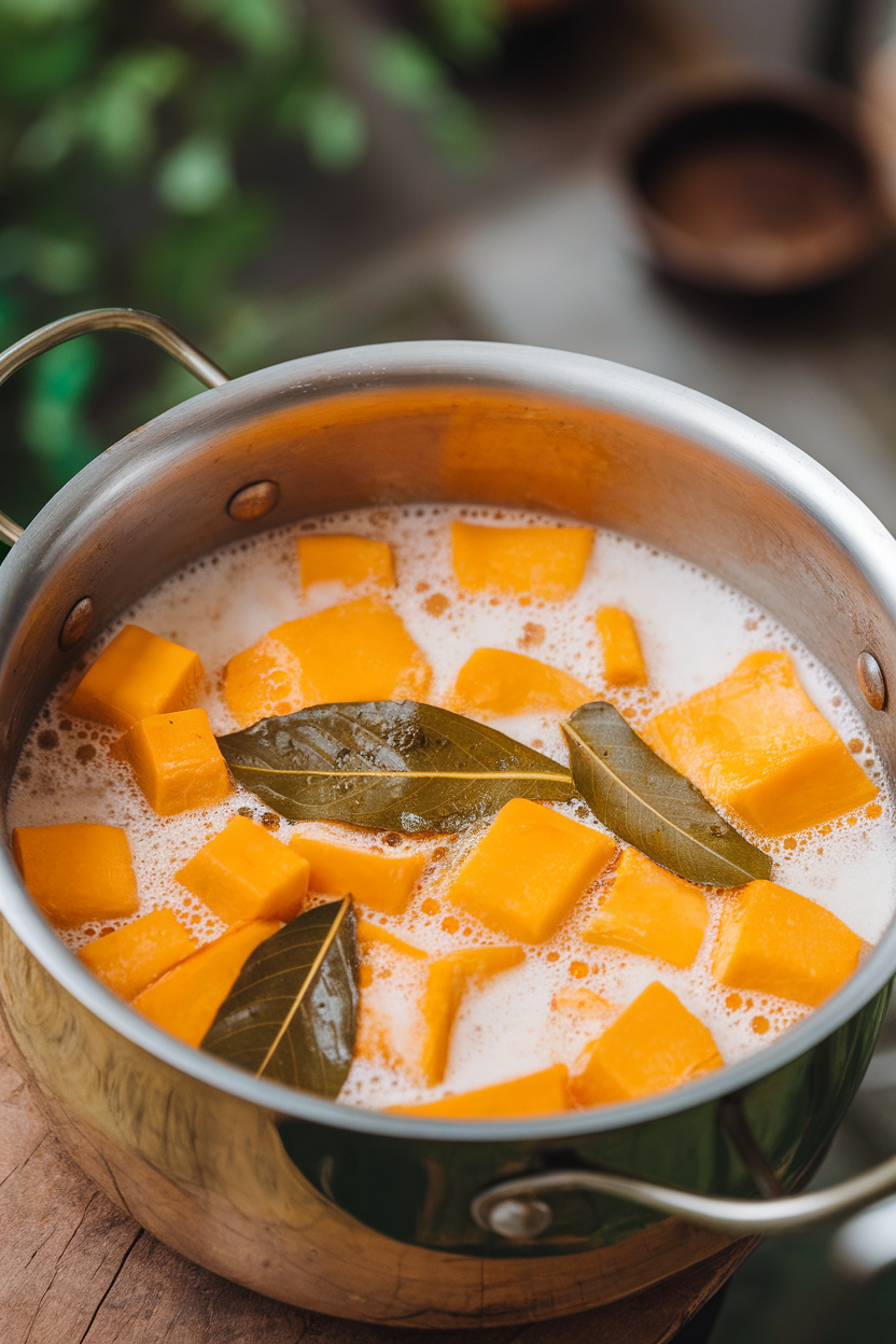 Photo prompt: An indoor pot of orange pumpkin cubes simmering in light coconut milk with curry leaves floating. No text or logos.