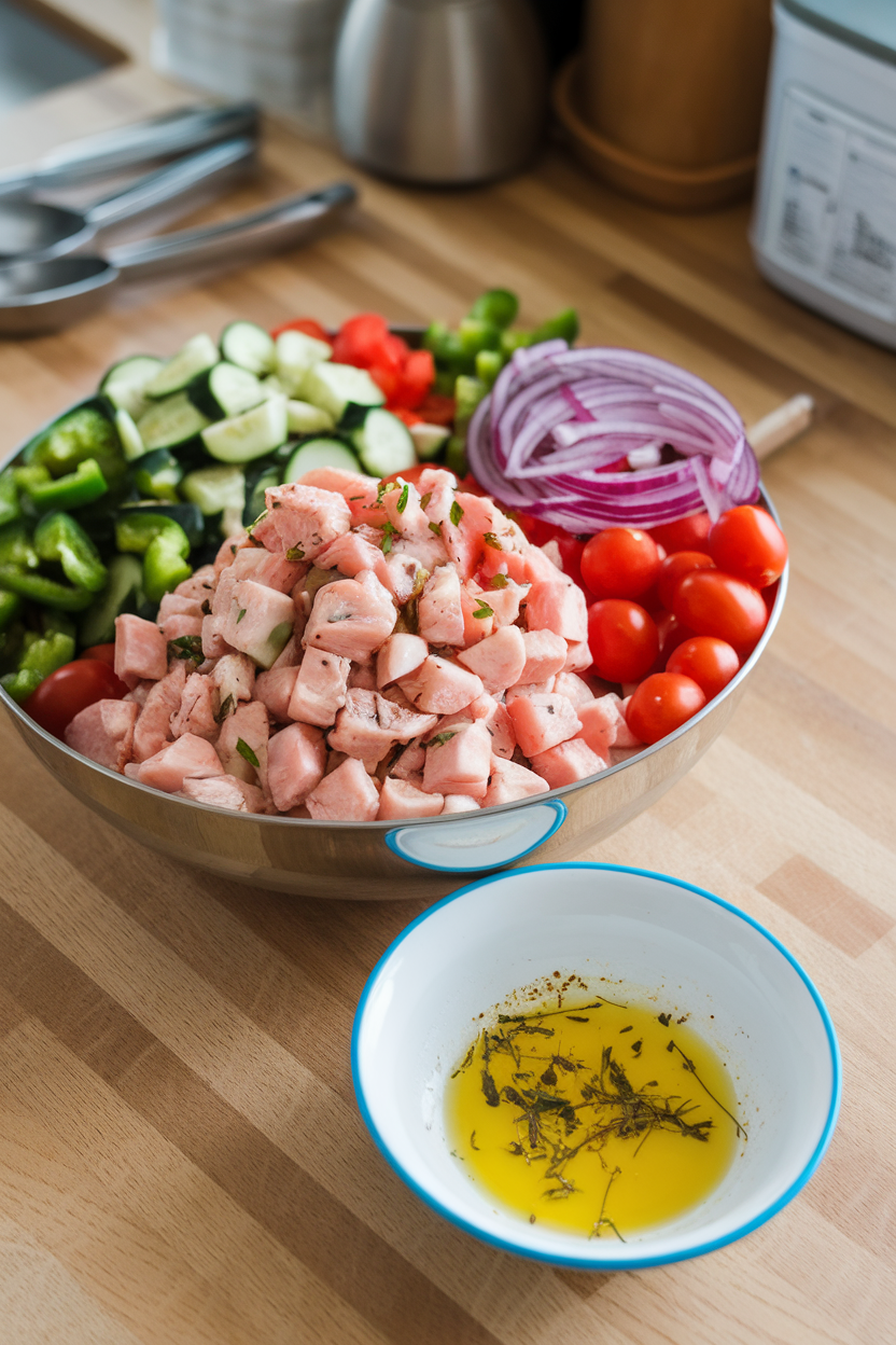 An indoor countertop showing a bowl of diced chicken, cucumbers, tomatoes, green peppers, red onion, and olive oil dressing with oregano — no text or logos