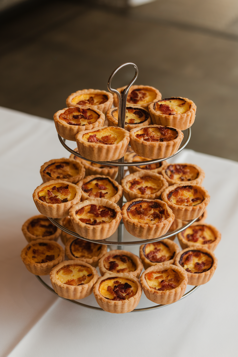 Photo of an indoor tiered stand displaying tiny quiches with browned tops and visible bacon bits, golden pastry around edges; no text or logos.
