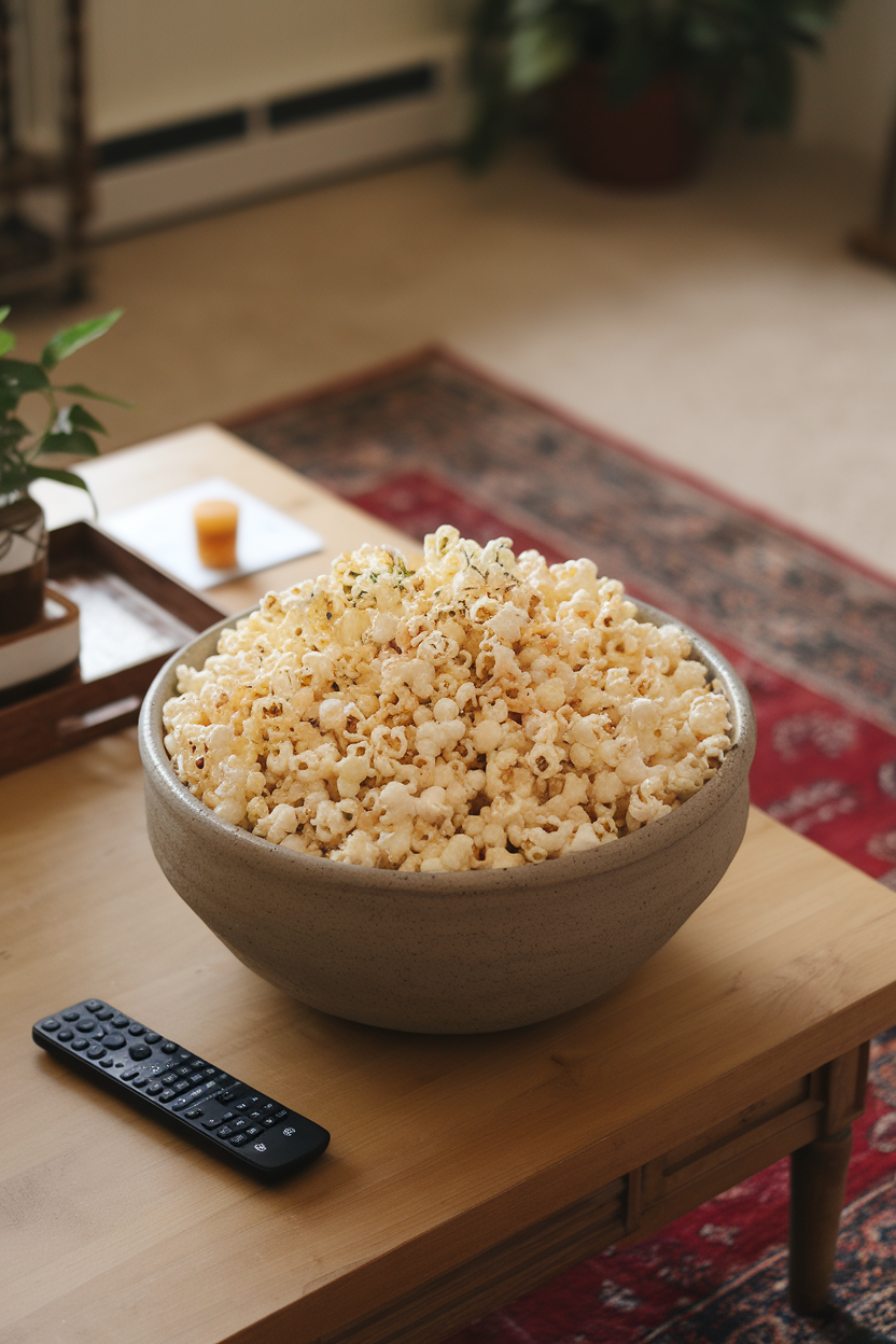 A living-room coffee table with a large ceramic bowl of freshly popped popcorn, lightly dusted with herbs, under warm indoor lighting. No logos or text. Photo.