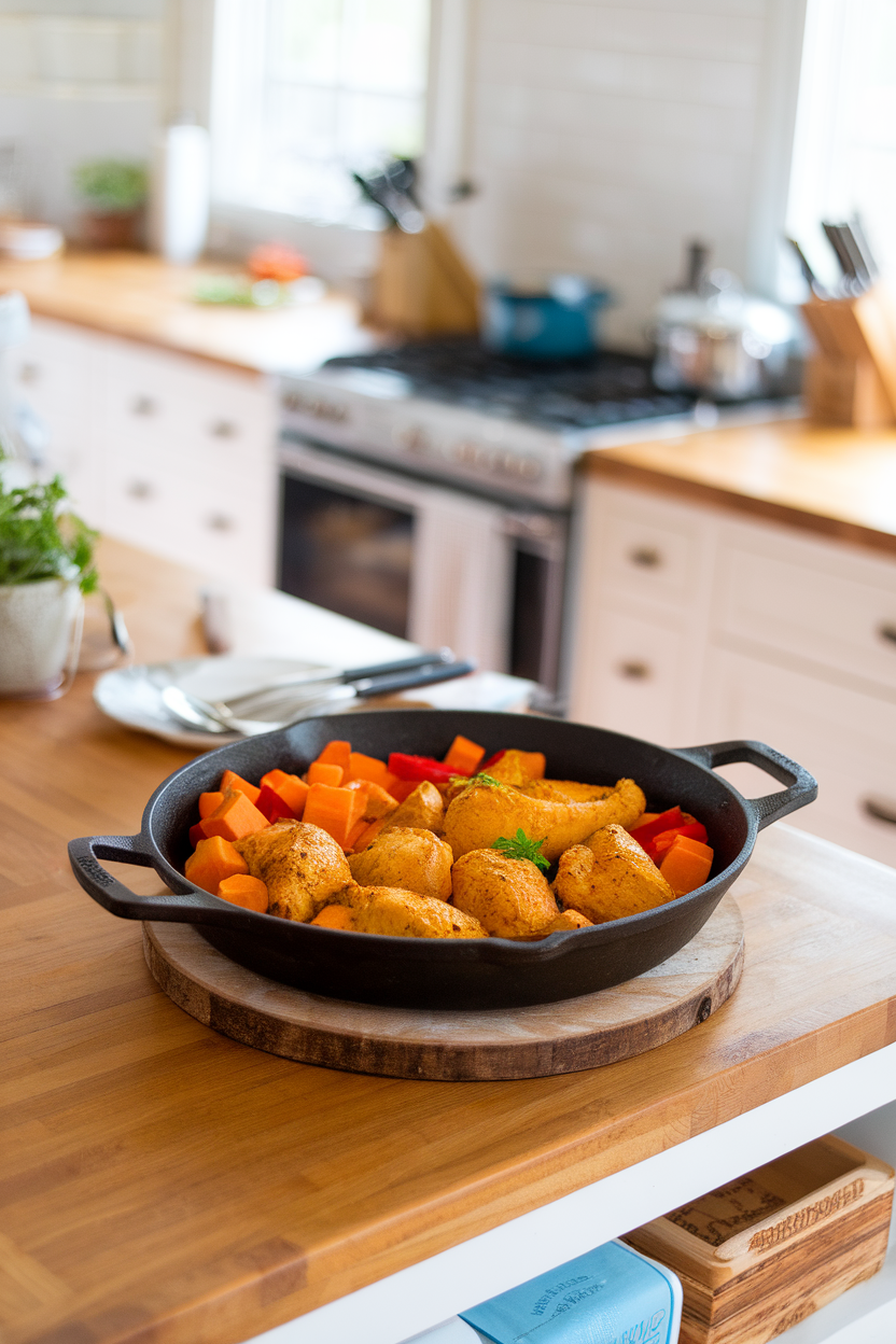 A bright indoor kitchen island with a cast-iron skillet holding golden turmeric-spiced chicken pieces, sweet potato cubes, and red bell pepper. No text or logos. Photo, not illustration.
