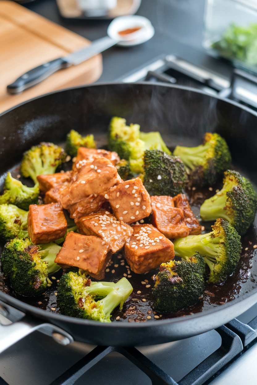 An indoor stovetop scene with a skillet containing glossy teriyaki-coated broccoli florets and sliced tempeh, sesame seeds sprinkled on top. No logos or text.