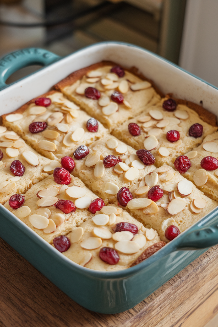 Indoor photo of a casserole dish filled with baked pancake squares studded with cranberries and sliced almonds, golden on top; no text or logos.
