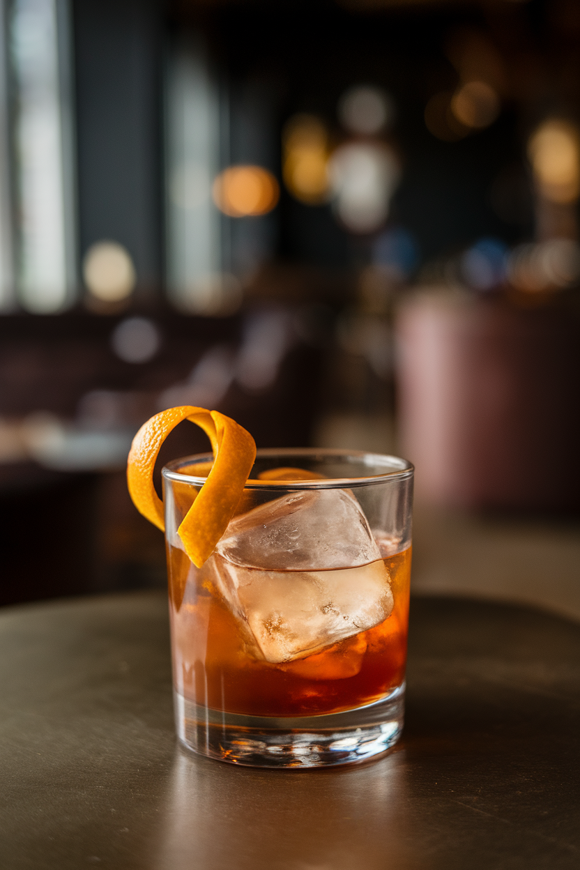 Low-lit indoor cocktail lounge table featuring a rocks glass of pecan old fashioned, large clear ice cube, orange peel spiral resting on rim. Photo, no text or logos.
