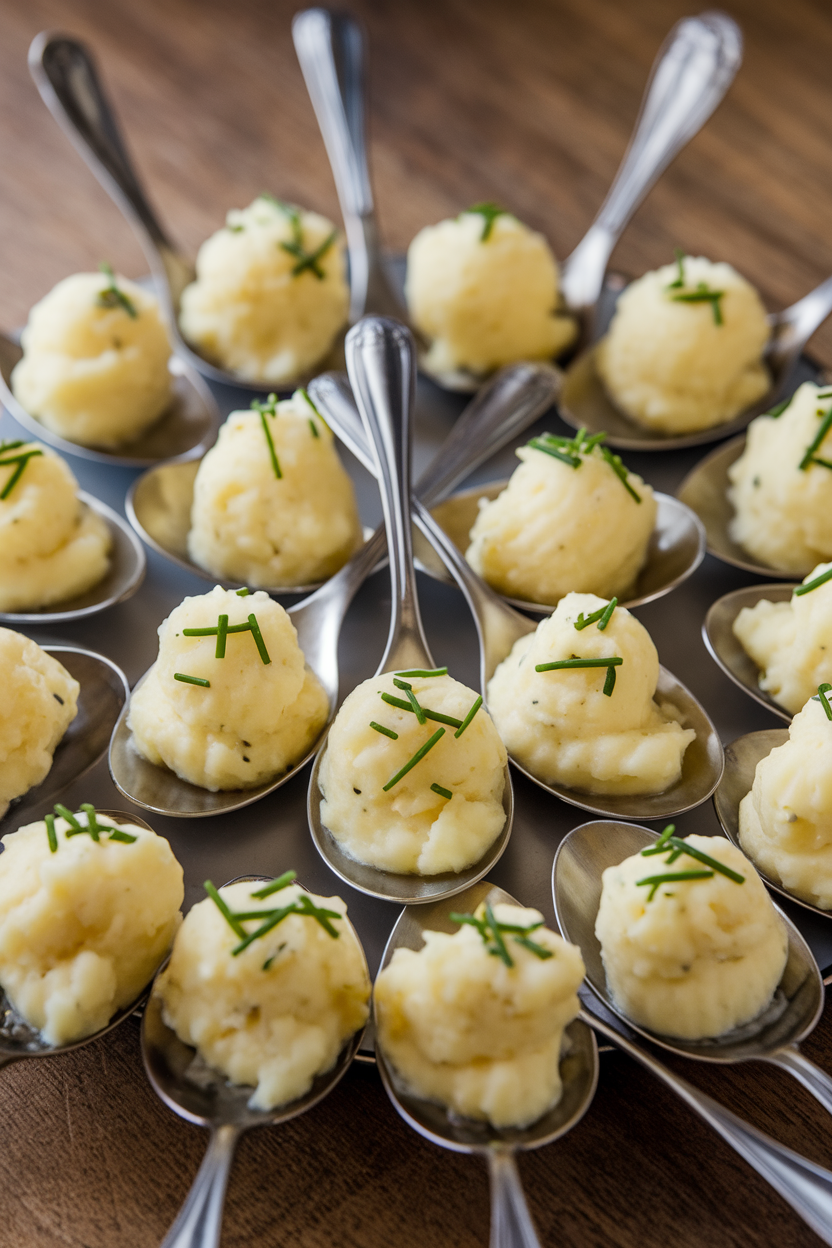 Indoor platter of small quenelles of mashed potatoes sprinkled with chopped chives, each on a cocktail spoon. Photo only, no logos.