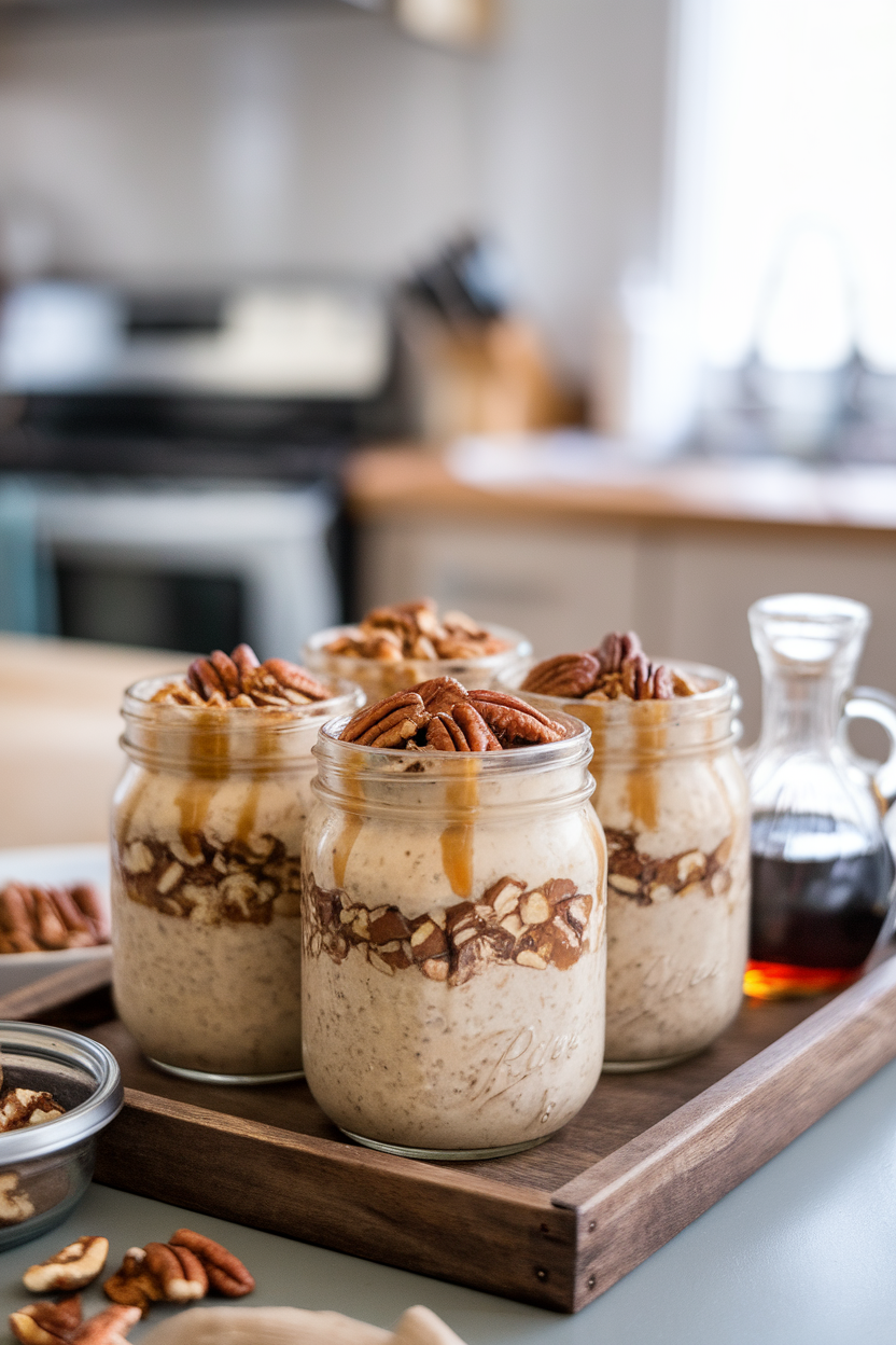 Mason jars filled with layered pecan pie overnight oats topped with chopped toasted pecans and a drizzle of maple syrup, arranged on an indoor countertop. No logos or text visible.