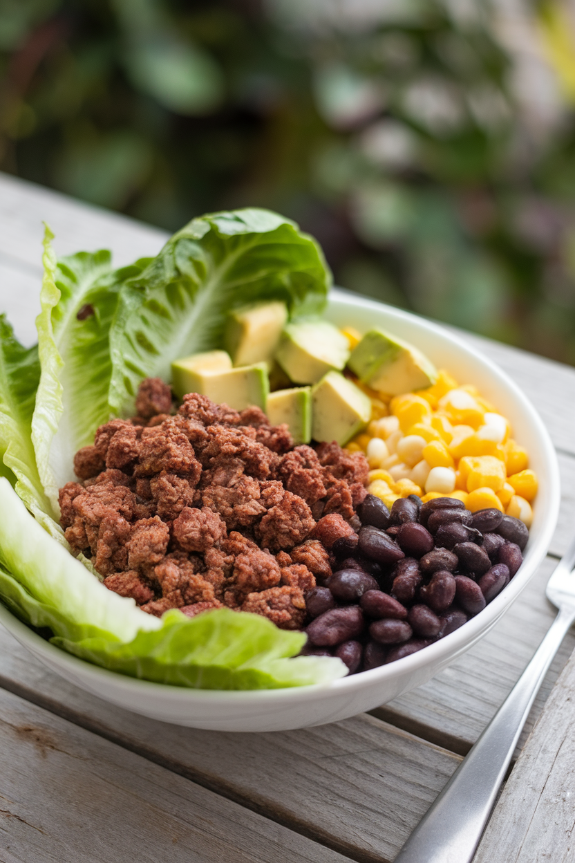 Indoor bowl featuring romaine, seasoned beef crumbles, black beans, corn, and avocado cubes. No text or logos; photo.</p