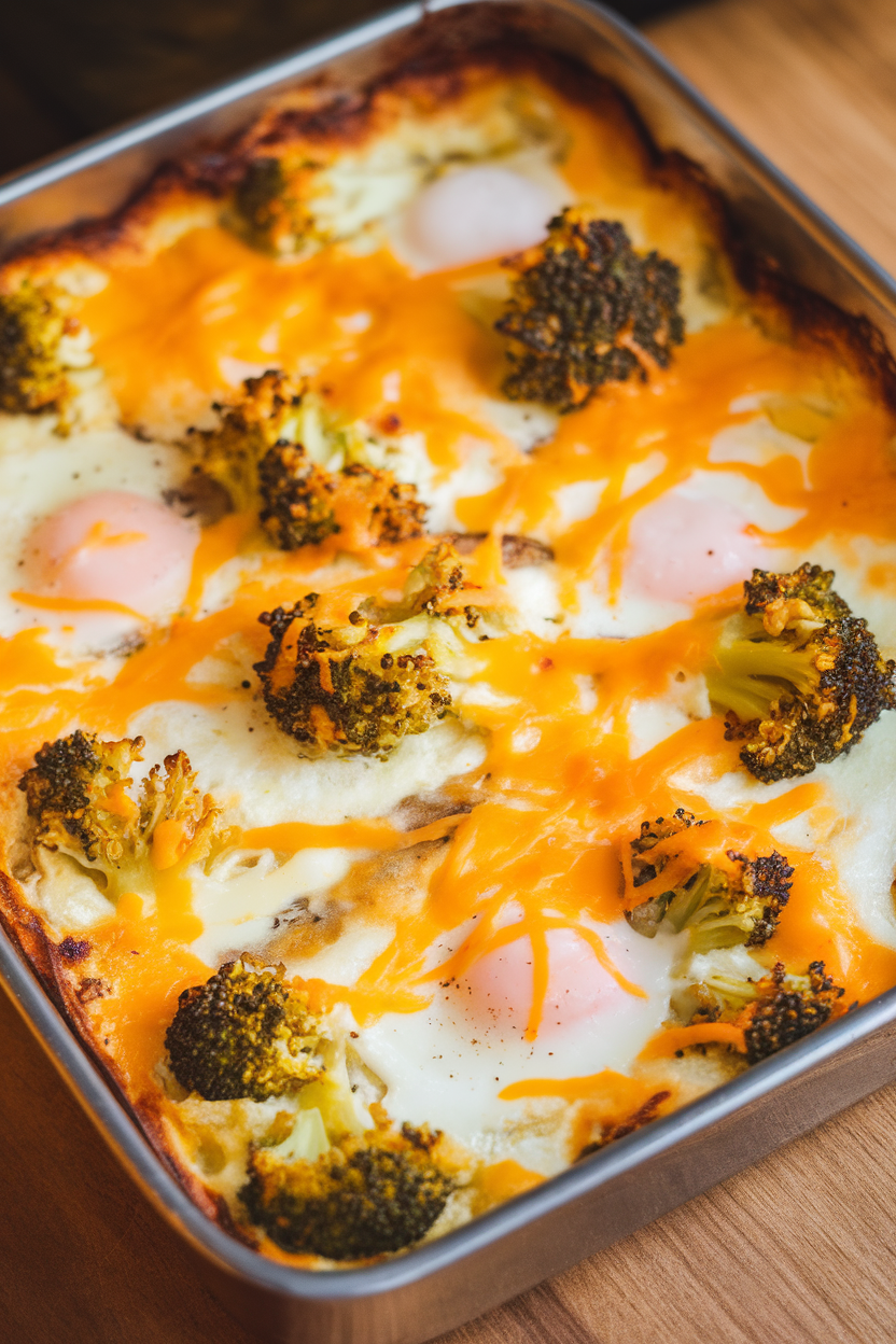 An indoor casserole dish of fluffy baked eggs dotted with broccoli florets and melted cheddar, sliced into squares. No text or logos.