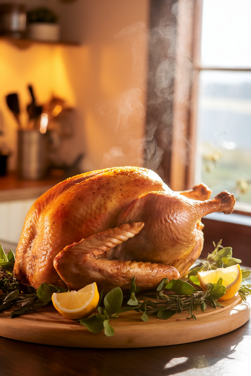 A warmly lit indoor kitchen table showcasing a golden roast turkey resting on a carving board, fresh herbs and lemon wedges scattered around, steam visible, photo, no text or logos.