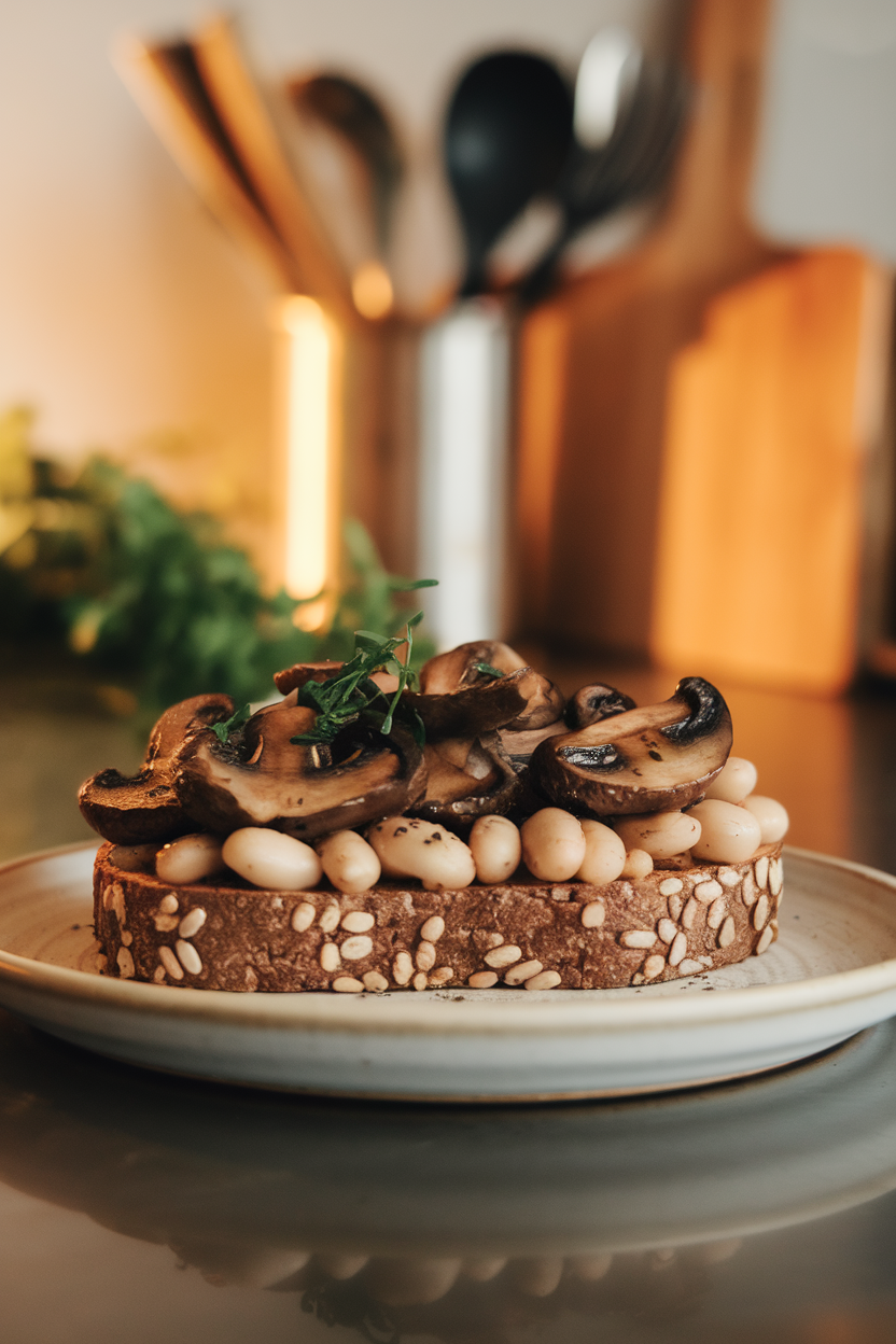 Photo of whole-grain toast topped with sautéed balsamic mushrooms and white beans, warm indoor lighting, no text or logos