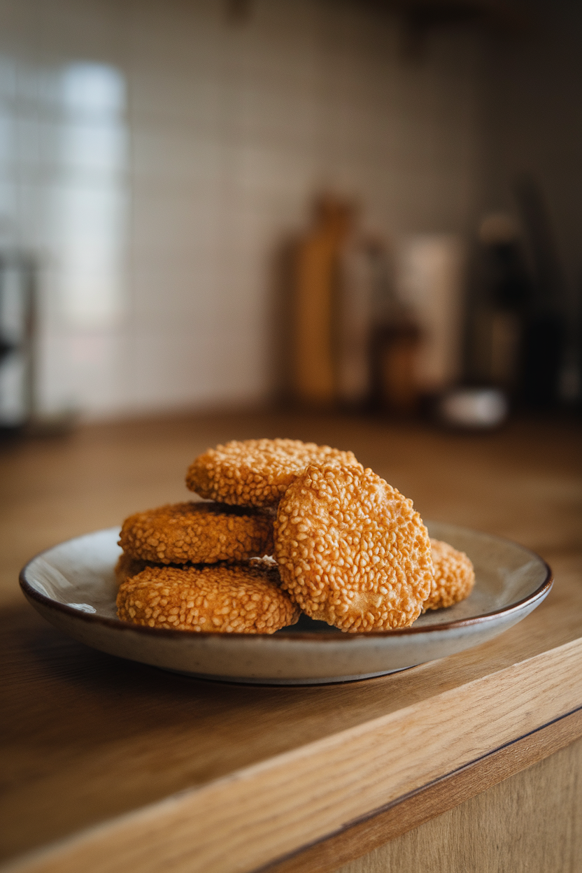 Photo prompt: Golden sesame cookies on a plate inside a softly lit kitchen, no branding.
