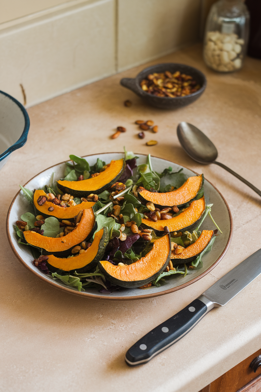 An indoor kitchen counter with a shallow plate of roasted delicata squash half-moons over mixed greens, sprinkled with roasted pepitas. No logos or text. Photo.
