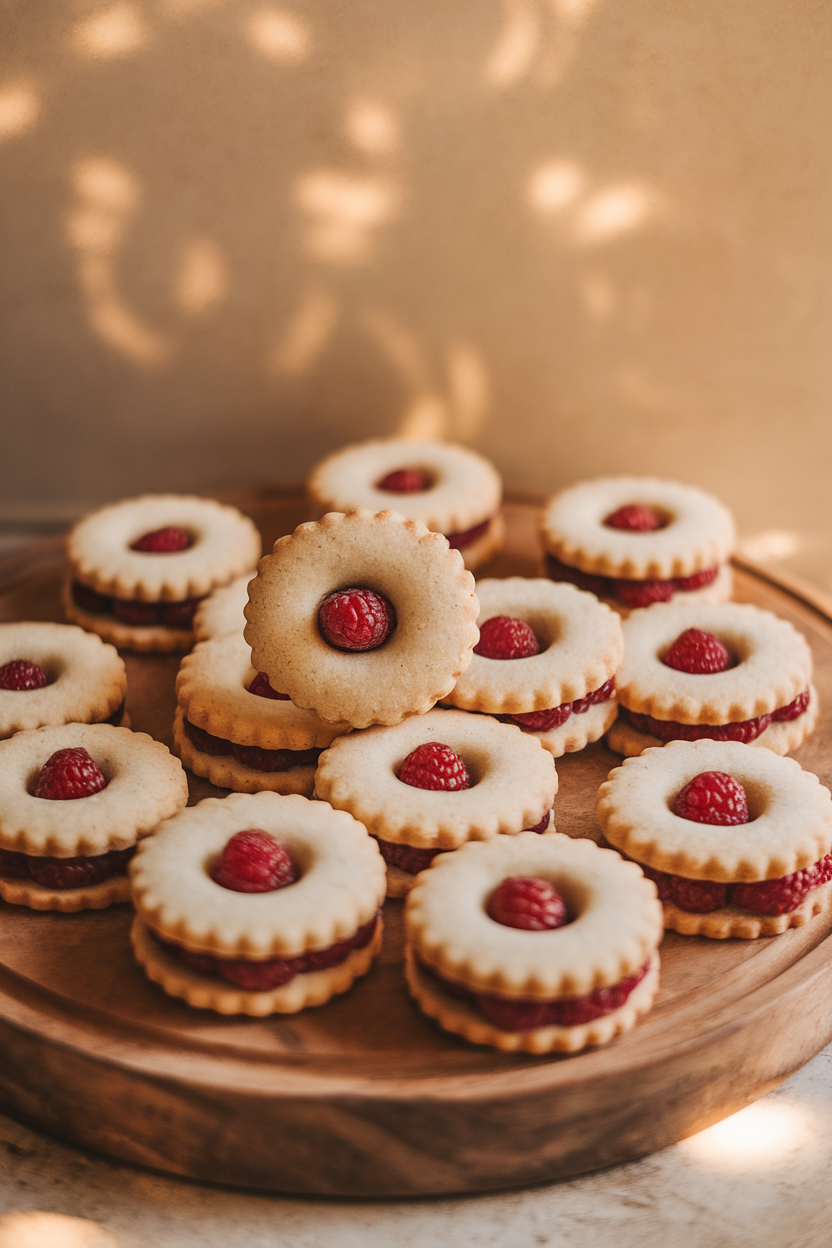 Photo prompt: Small linzer cookies with raspberry centers and almond flour crust, indoor bakery-style lighting, no branding.