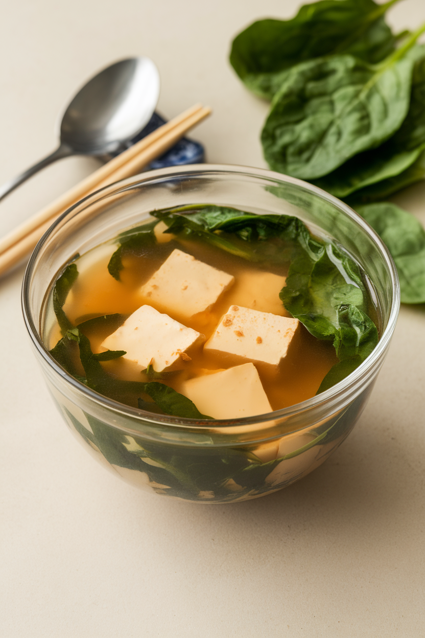Indoor soup bowl filled with clear miso broth, tofu cubes, and spinach leaves, no text or logos