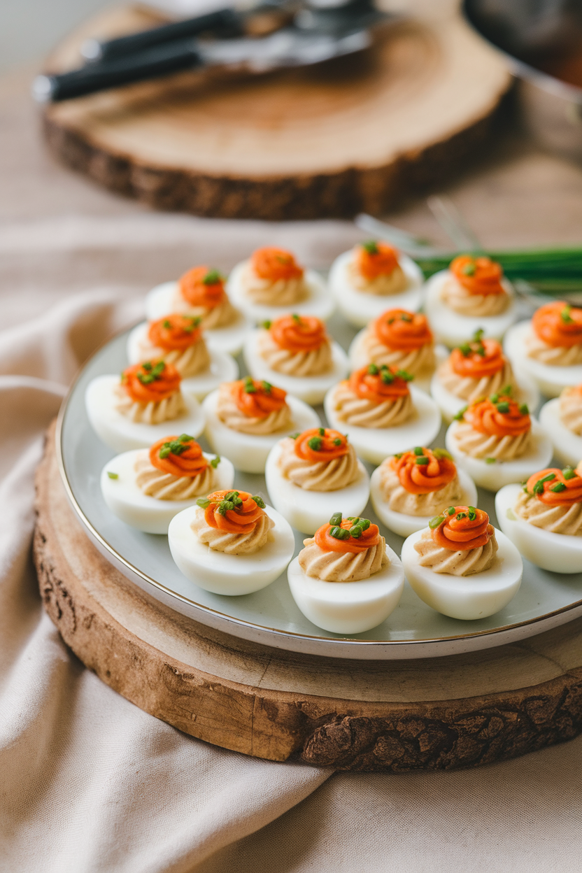 Indoor platter of deviled egg halves topped with a swirl of sriracha and chopped chives. No text or logos. Photo, not illustration.