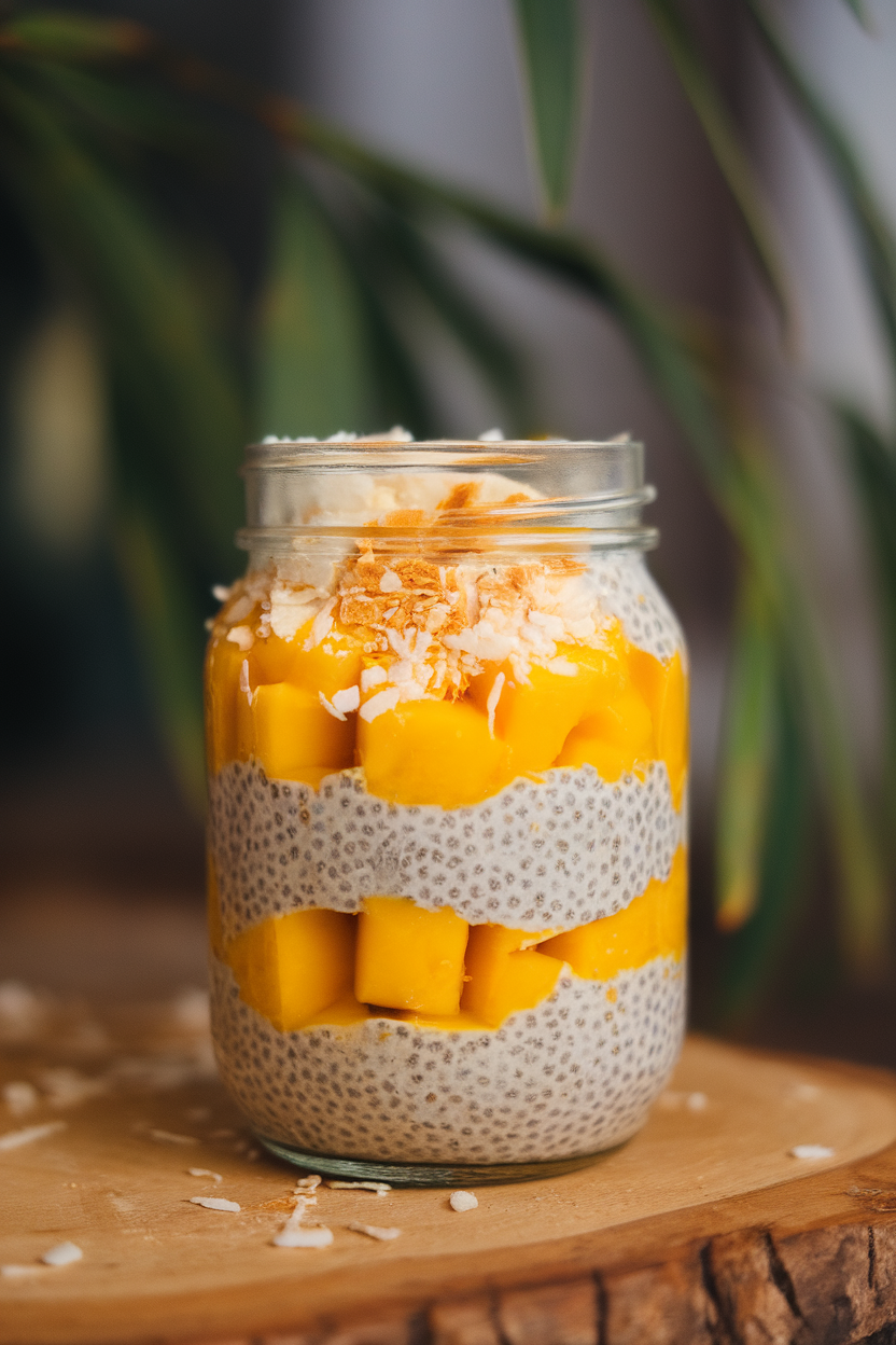 A mason jar indoors layered with coconut chia pudding and bright mango purée, sprinkled with toasted coconut flakes, no text or logos.
