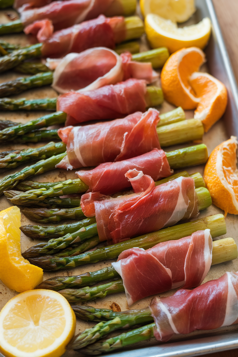 Photo indoors of a platter featuring slender asparagus spears wrapped in thin prosciutto slices, roasted until edges crisp. No text or logos present.
