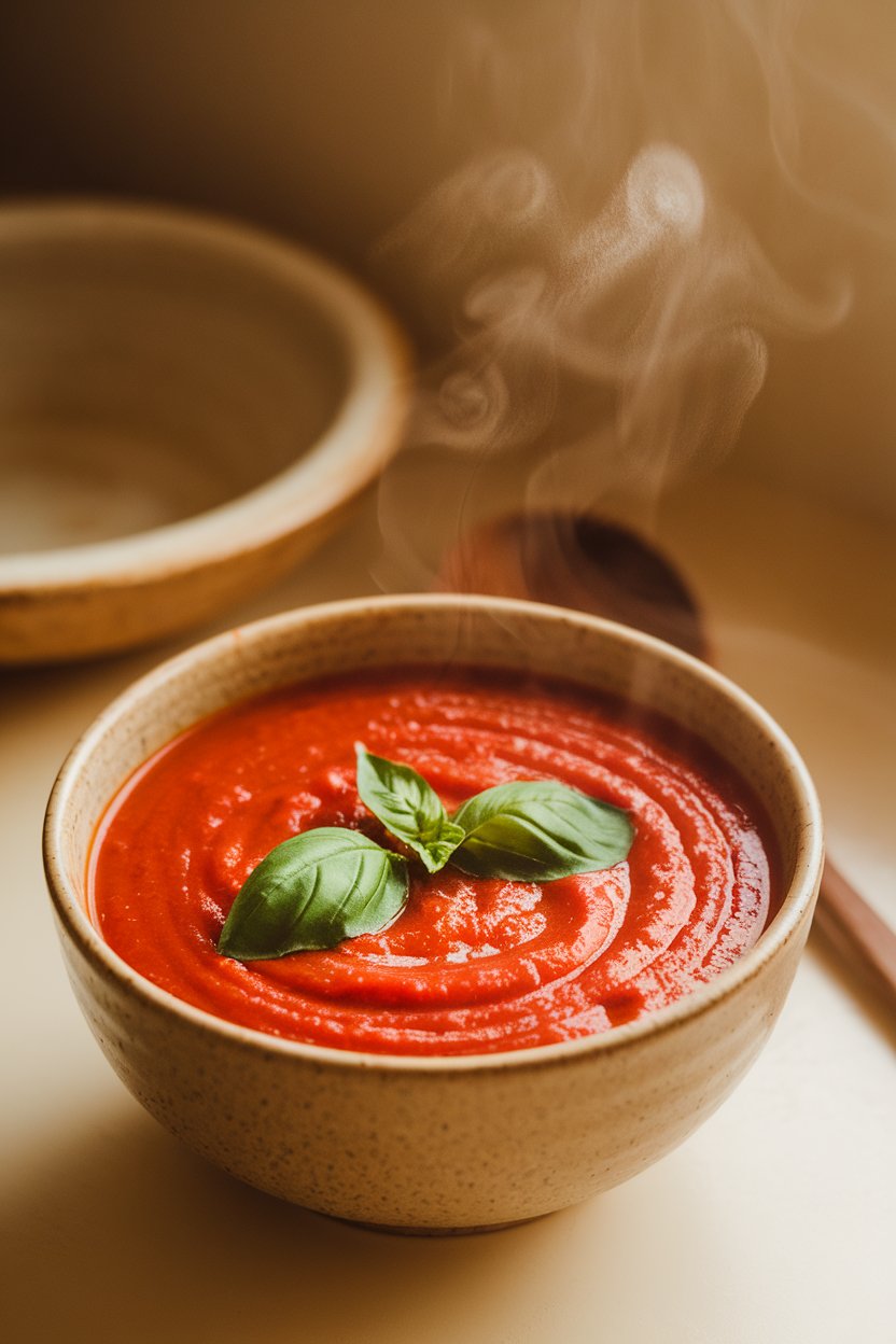 A warm indoor shot of a bowl of smooth tomato soup garnished with fresh basil leaves, steam visible. No text or logos. Photo.