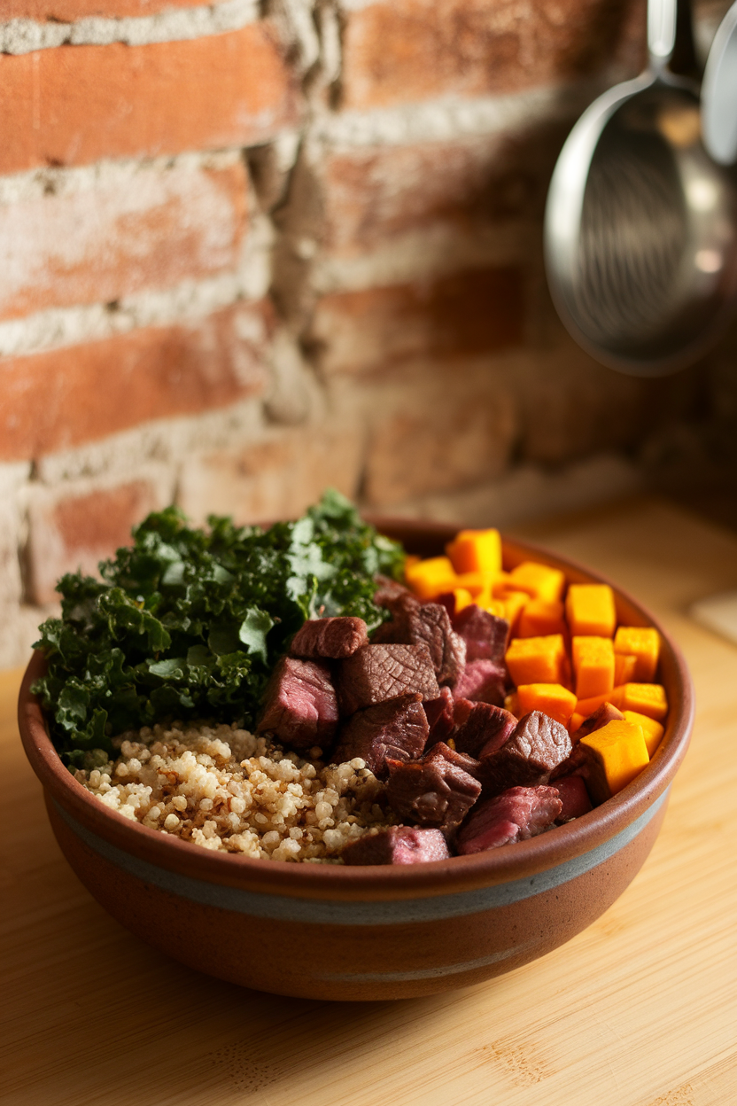 A ceramic bowl indoors containing chopped kale, quinoa, diced grilled steak, and roasted butternut cubes. No text or logos; photo only.