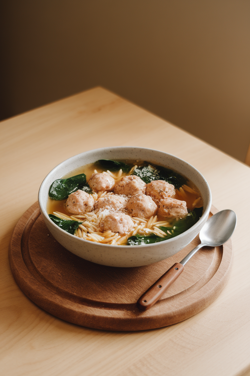 Indoor dining table showing a bowl of broth with mini chicken meatballs, orzo, and spinach leaves floating on top. No text or logos present.