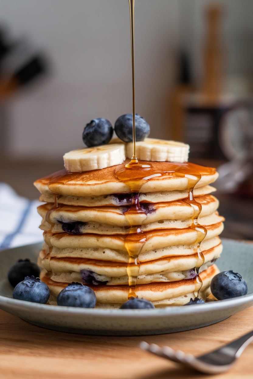 Photo of a stack of blueberry-banana pancakes topped with a drizzle of pure maple syrup indoors, no text or logos