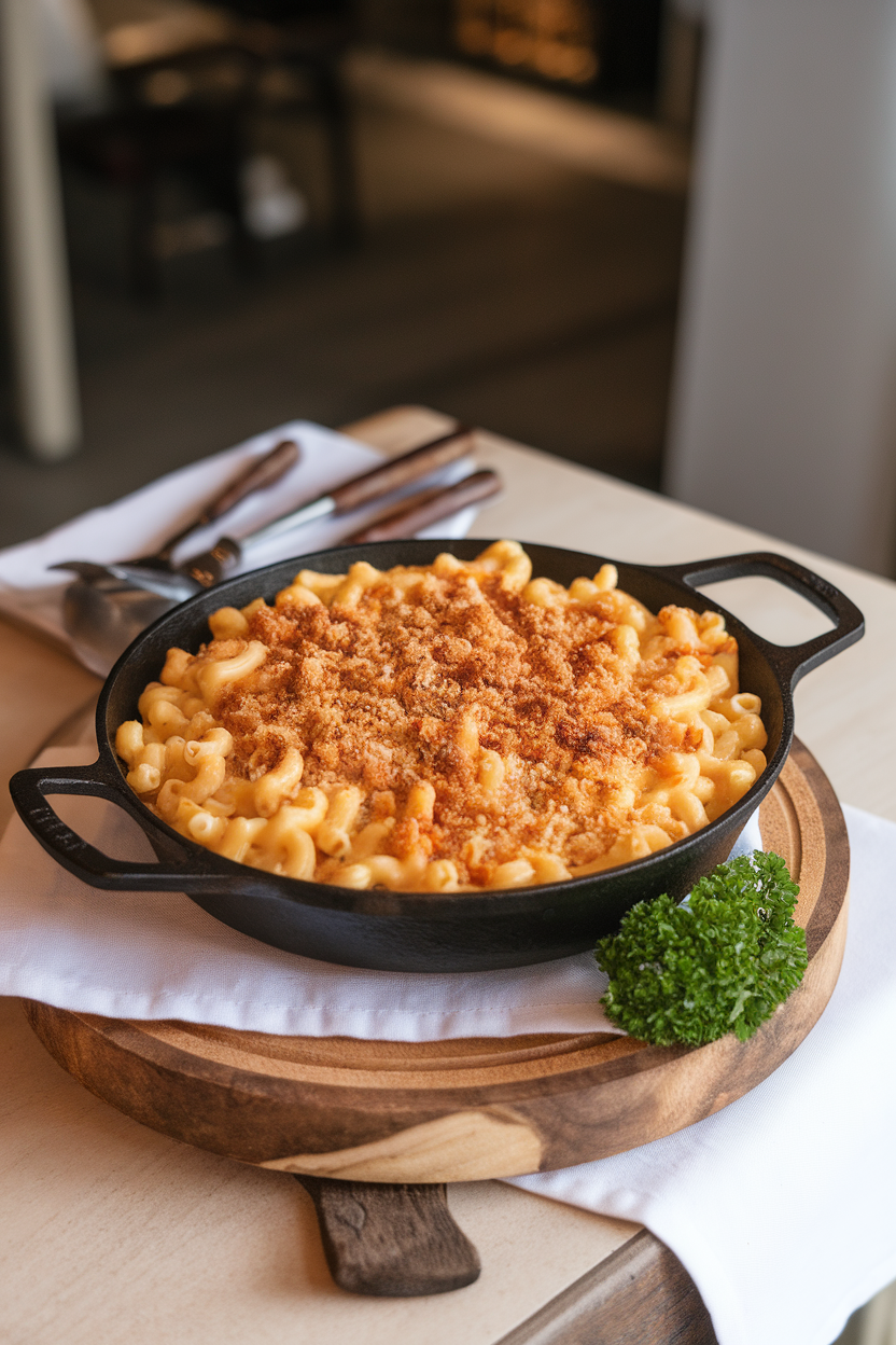 Indoor serving station with a cast-iron skillet of creamy macaroni and cheese topped with toasted breadcrumbs. No text or logos. Photo only.