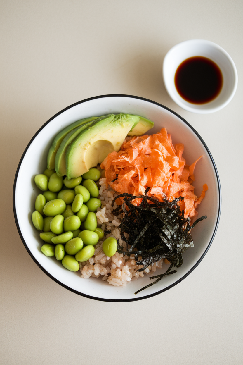 An indoor tabletop view of a deconstructed sushi bowl with brown rice, shelled edamame, avocado slices, and shredded nori. No logos or text.