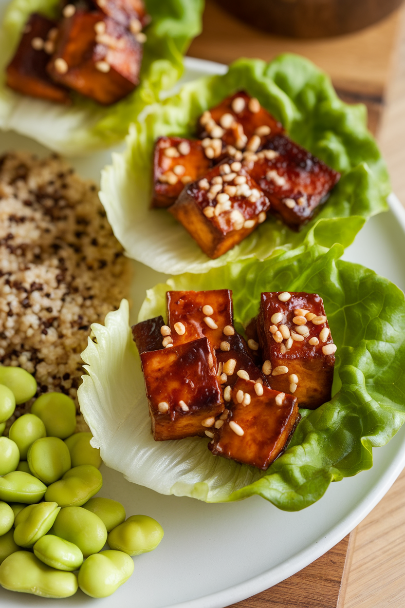 Indoor photo of teriyaki-glazed tofu pieces in lettuce cups, quinoa, and shelled edamame on a plate. No text or logos.