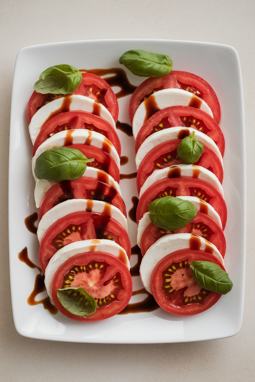 An indoor plate featuring alternating slices of ripe tomato and fresh mozzarella with basil leaves, drizzled with glossy balsamic reduction. No text or logos present.