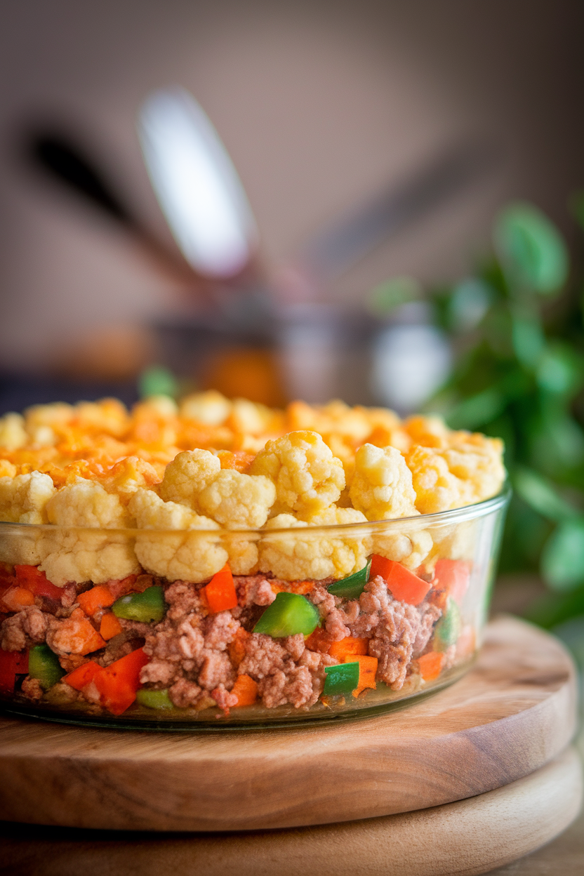 Indoor photo of a casserole dish showing a golden cauliflower mash layer atop colorful veggie and ground turkey filling. No text or logos.