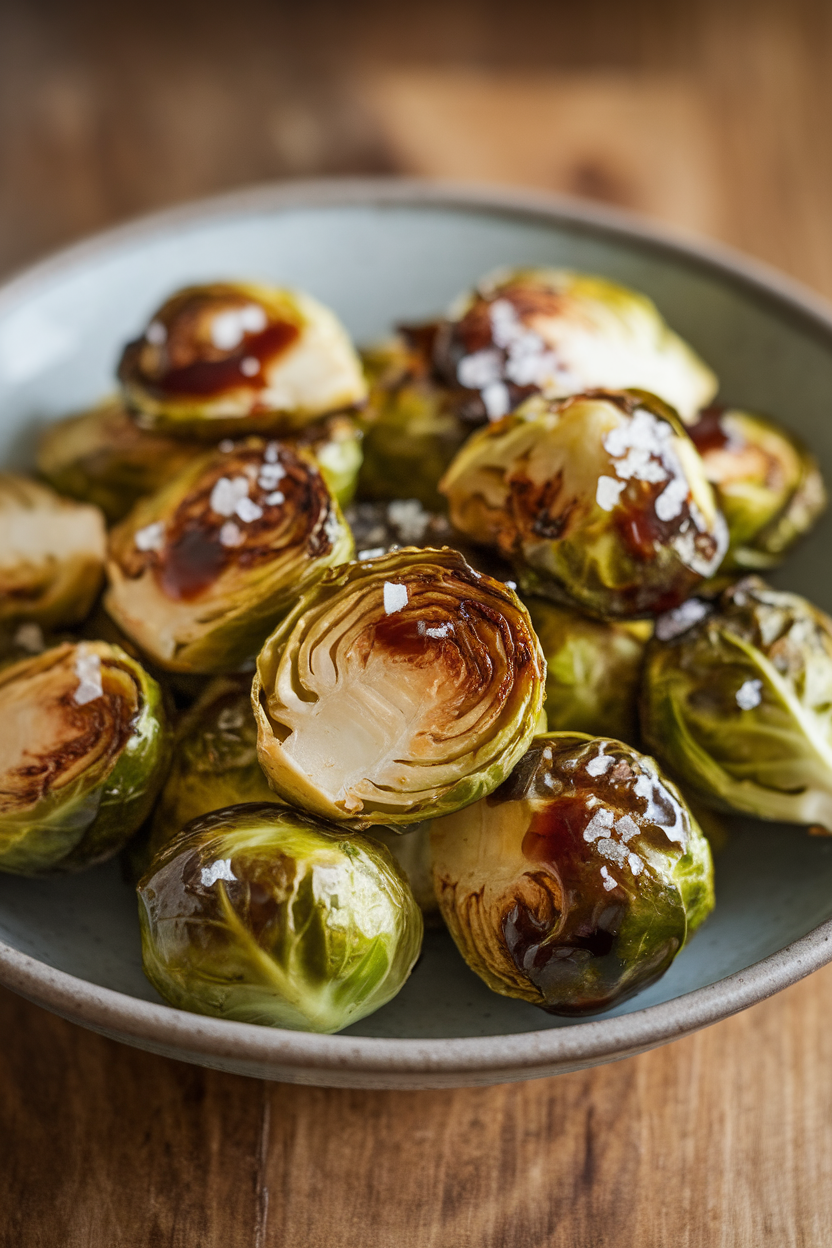Indoor photo of roasted Brussels sprouts in a bowl, lightly coated with glossy balsamic glaze and sprinkled with sea salt; no text or logos.