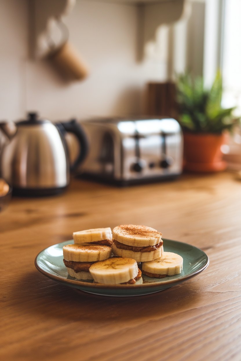 A small plate on a wooden table inside a cozy kitchen, topped with banana slices sandwiched with almond butter, lightly dusted with cinnamon. No text or logos. Photo.