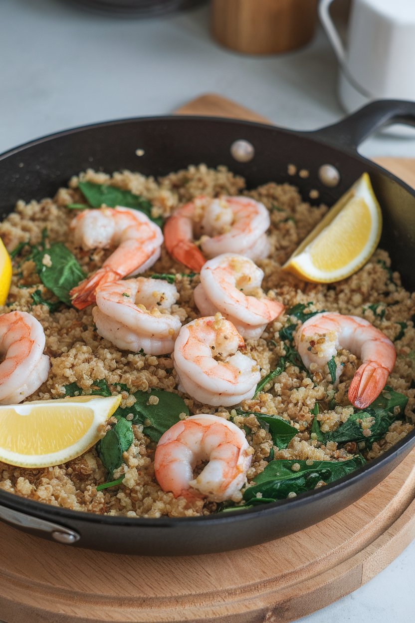 An indoor skillet filled with cooked quinoa, sautéed shrimp, spinach, and lemon wedges. No text or logos; photo only.