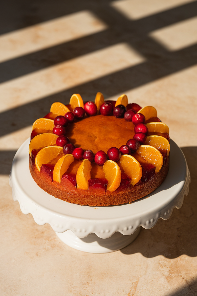 Indoor photo of a round cake topped with glossy cranberries and orange slices caramelized from baking, resting on a cake stand; no text or logos.