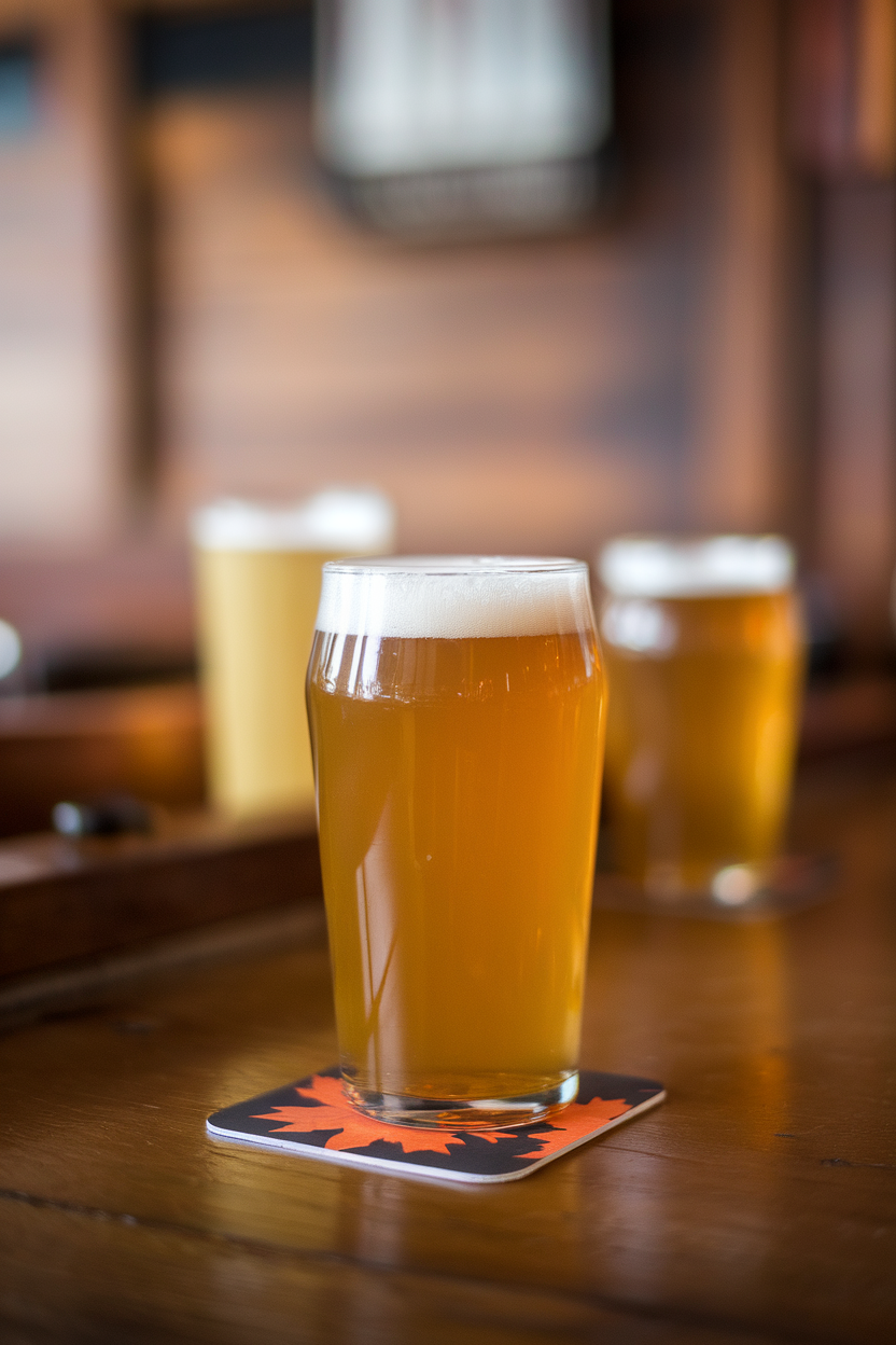 Indoor pub table featuring a pint glass of hazy pumpkin shandy, thin head of foam, maple leaf coaster beneath. Photo, no text or logos.