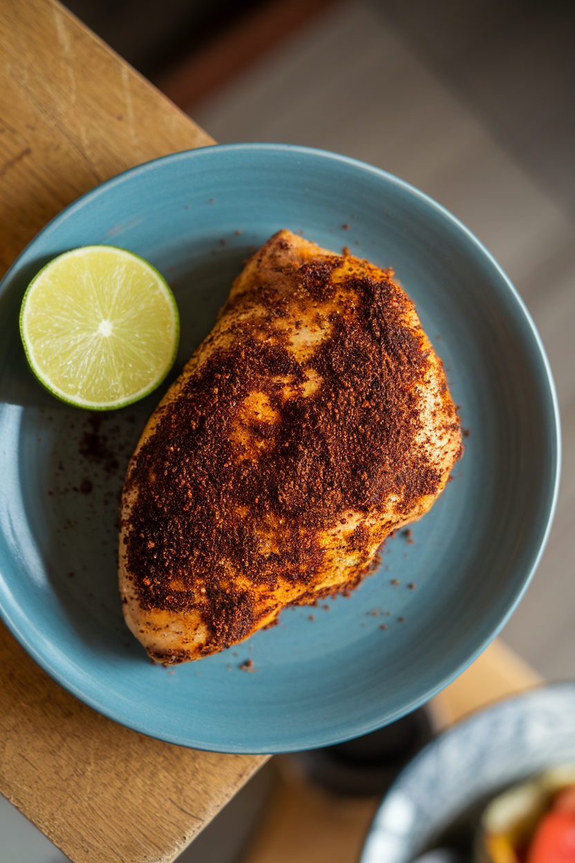 Indoor plate displaying air-fried chicken breast rubbed with dark jerk spices, lime wedge beside it, shot overhead. No text or logos.
