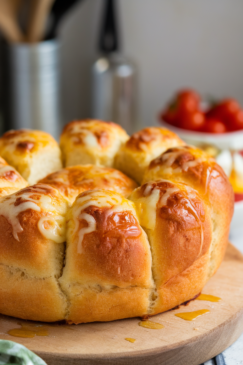 Indoor photo of a round pull-apart bread loaf with melted Parmesan between pieces, no text or logos.