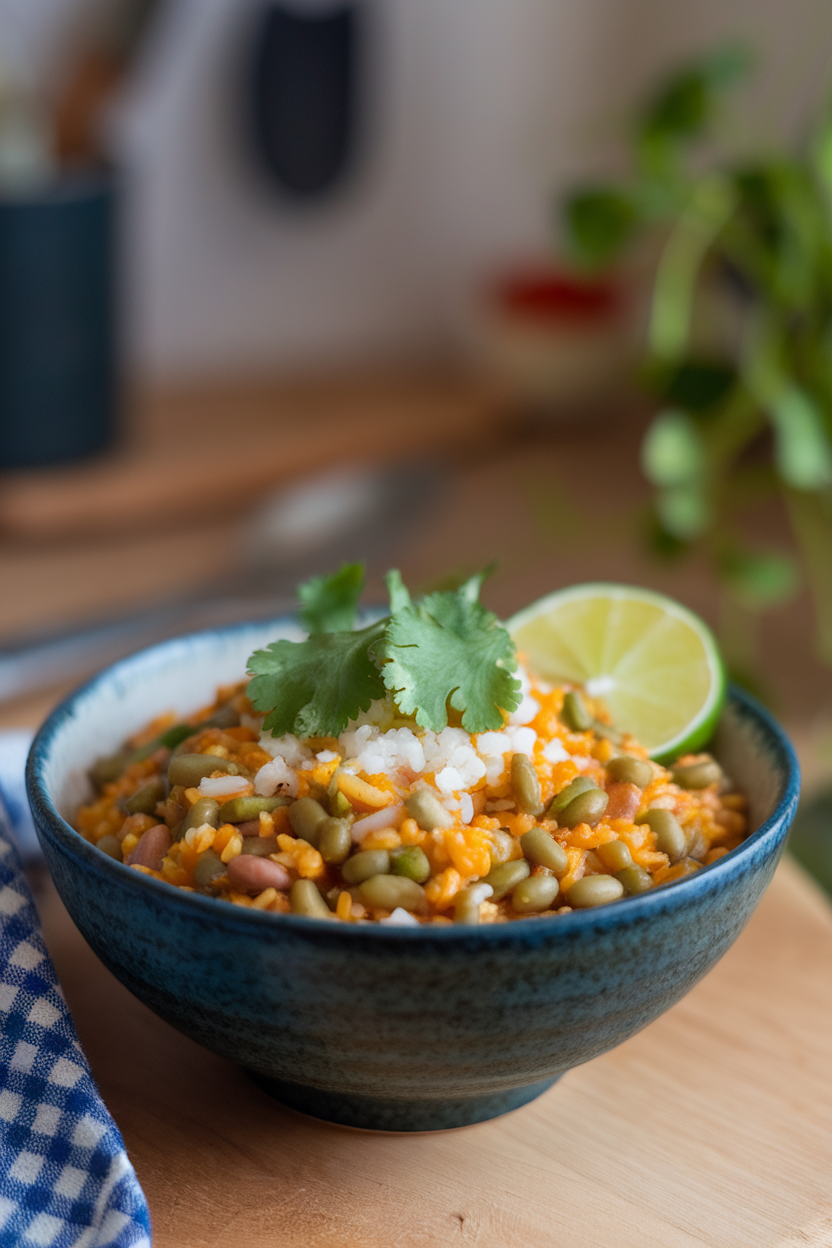 Photo prompt: An indoor bowl of mung-bean and brown-rice kitchari topped with cilantro and a squeeze of lime. No text or logos anywhere.