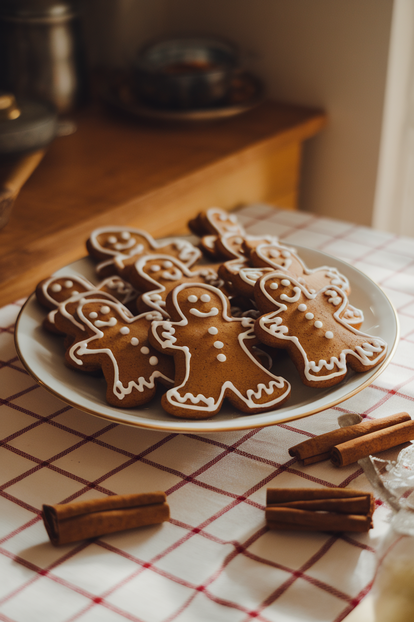 A warmly lit indoor kitchen table displaying a plate of gingerbread men cookies decorated with simple white royal icing, a scattering of cinnamon sticks nearby. Photo, no text or logos.