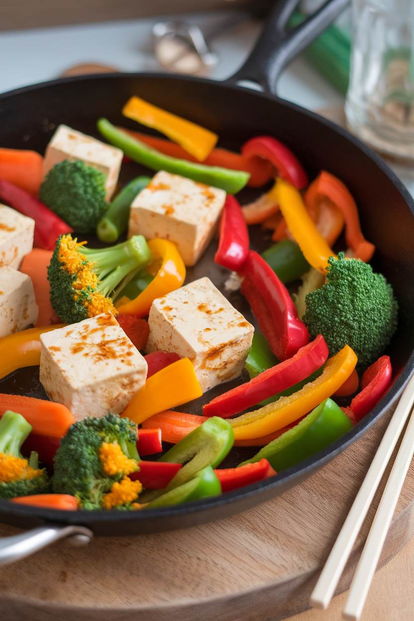 An indoor skillet brimming with multicolored vegetables and tofu cubes in a light soy-ginger glaze; no text or logos, photo not illustration.