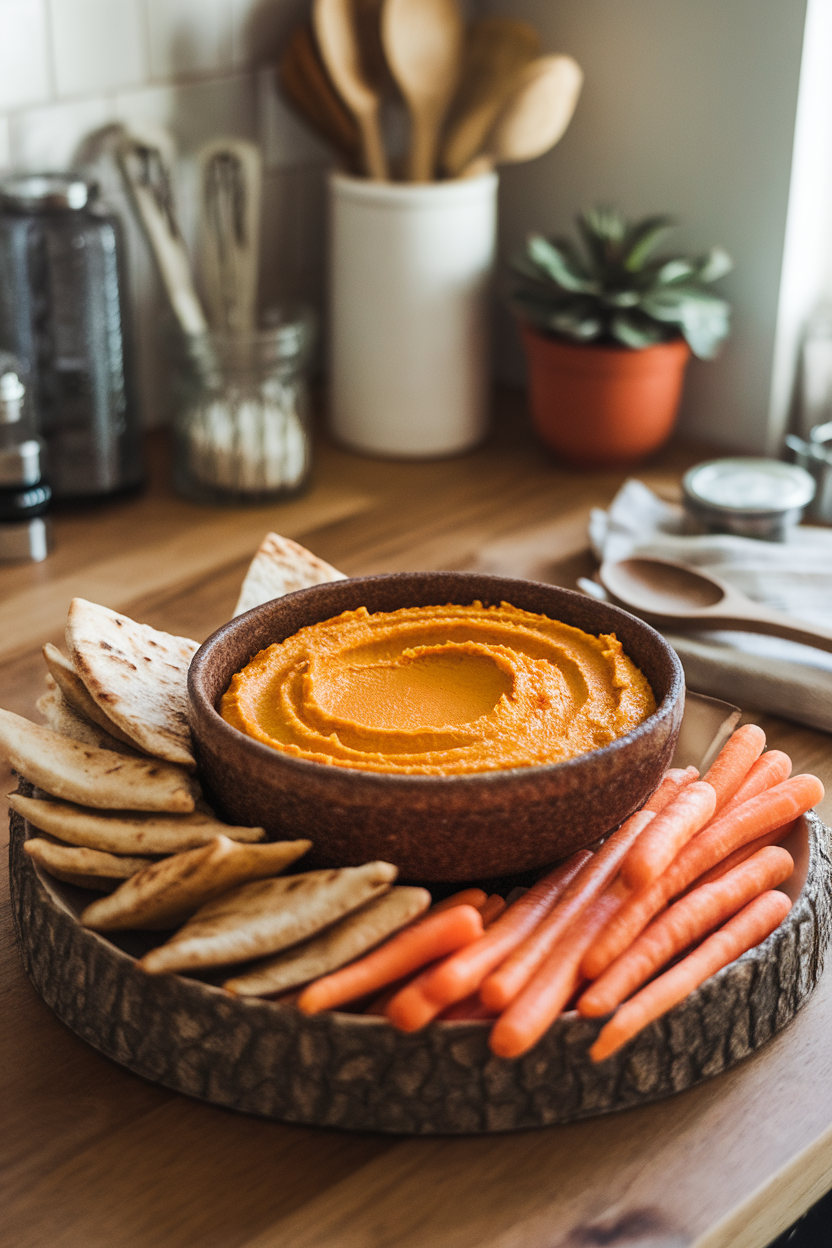 A cozy kitchen island with a rustic bowl of orange pumpkin hummus surrounded by pita wedges and carrot sticks. Indoor lighting, no text or logos. Photo.